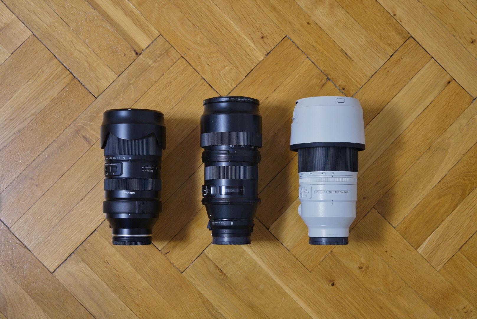 three telephoto lenses, view from top