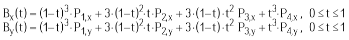 Bx(t) = (1-t)^3 P1x + 3(1-t)^2*t P2x + 3(1-t)*t^2 P3x + t^3 P4x, 0 ≤ t ≤ 1;By(t) = (1-t)^3 P1y + 3(1-t)^2*t P2y + 3(1-t)*t^2 P3y + t^3 P4y, 0 ≤ t ≤ 1