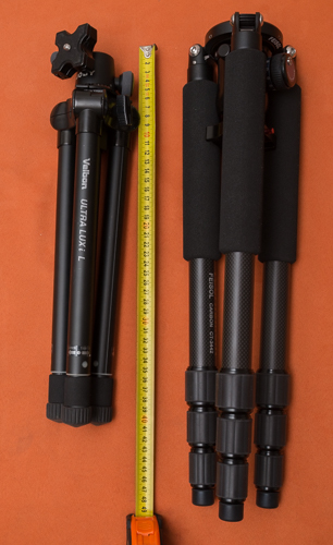 Velbon Ultra Luxi L with Joby Ballhead X and Feisol CT-3442 with Sirui K-30x in transport position measured Velbon Ultra Luxi L with Joby Ballhead X and Feisol CT-3442 with Sirui K-30x in transport position measured